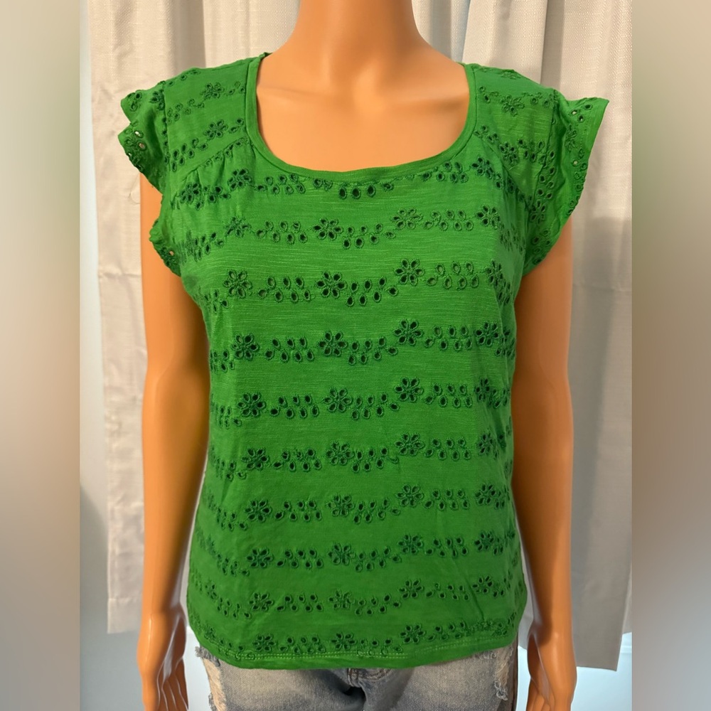 Pretty Melissa Paige size PM green eyelet short flutter sleeve shirt NWT